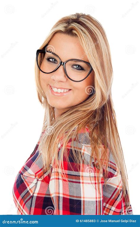 Cute Blonde Girl With Plaid Shirt And Glasses Stock Image Image Of