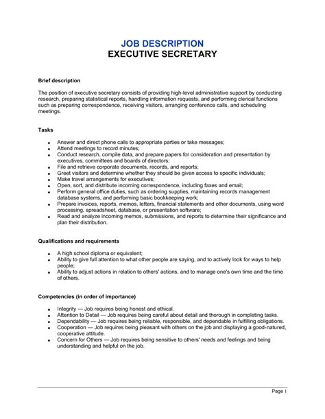 Executive Secretary Job Description Template By Business In A Box