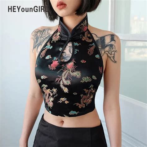 Heyoungirl Black Sexy Crop Top Chinese Style Halter Top Cami Women Sleeveless Print Tank Tops