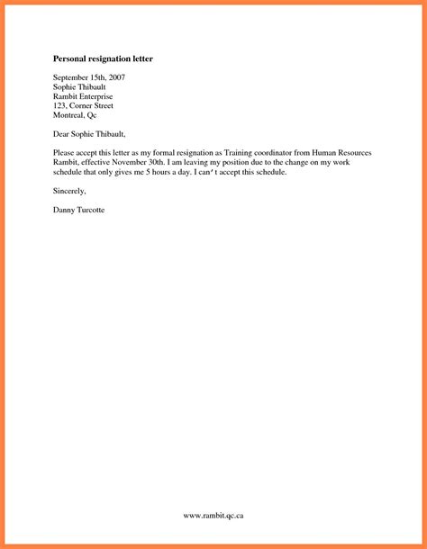 Basic Resignation Letter Examples Simple For Personal Reason Of