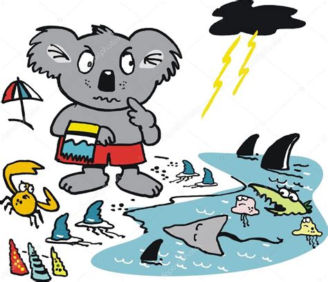 Vector cartoon of reluctant koala bear at dangerous beach with sharks ...
