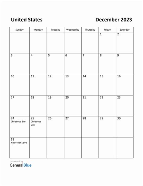 December 2023 Monthly Calendar With United States Holidays