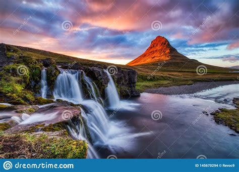 Iceland Landscape Summer Panorama Kirkjufell Mountain At
