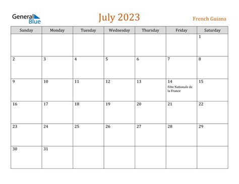 French Guiana July 2023 Calendar With Holidays