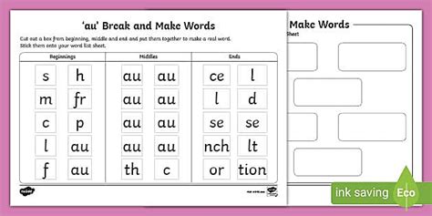Words With Au In Them Break And Make Worksheet Twinkl