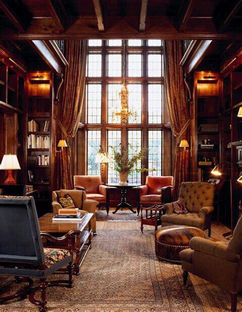 Large Open Living Room Manor House Interior Home Library Design
