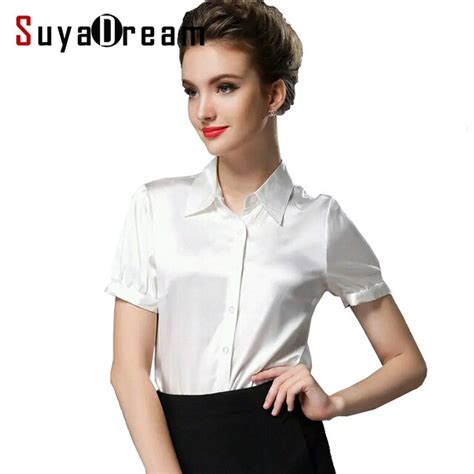 Women Silk Blouse Short Sleeve Solid Office Style Button Blouse Shirt