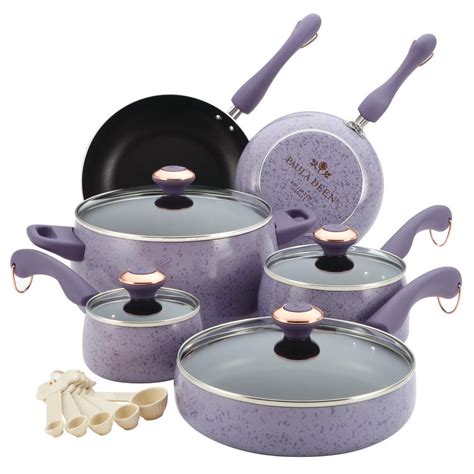 Paula deen signature stainless steel cookware pots and pans set, 12 piece set includes: Paula Deen Signature Porcelain 15-Piece Lavender Cookware ...