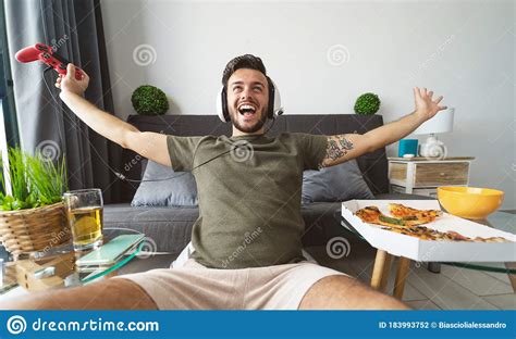Happy Man Playing Online Video Games Young Gamer Having Fun On New
