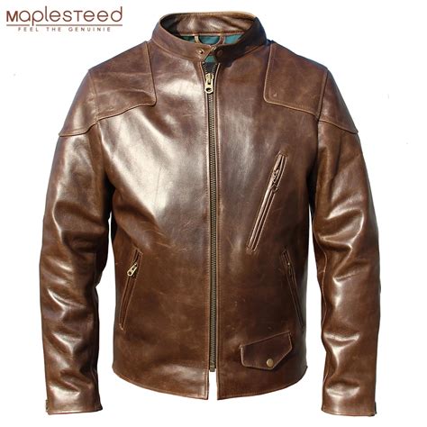 Fashion Natural Oil Waxed Top Layer Cowhide Men Leather Jacket Thick