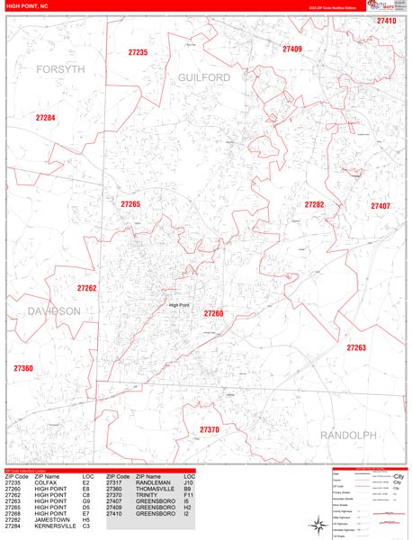 High Point North Carolina Zip Code Wall Map Red Line Style By
