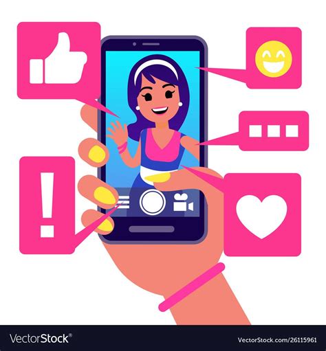Social Media App Girl Makes Selfie Vector Illustration Active Life In