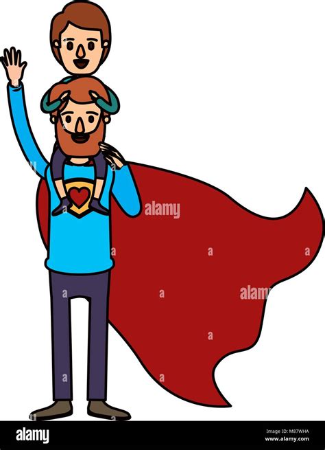 Color Image Caricature Full Body Super Dad Hero With Boy On His Back