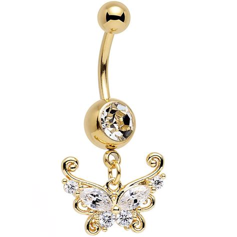 Clear Cz Gem Gold Anodized Ornate Butterfly Dangle Belly Ring Belly