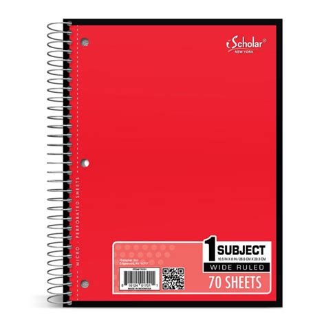 Spiral Notebook Wide Rule Red Cover 70 Sheets