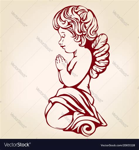 Angel Prays On His Knees Hand Drawn Royalty Free Vector