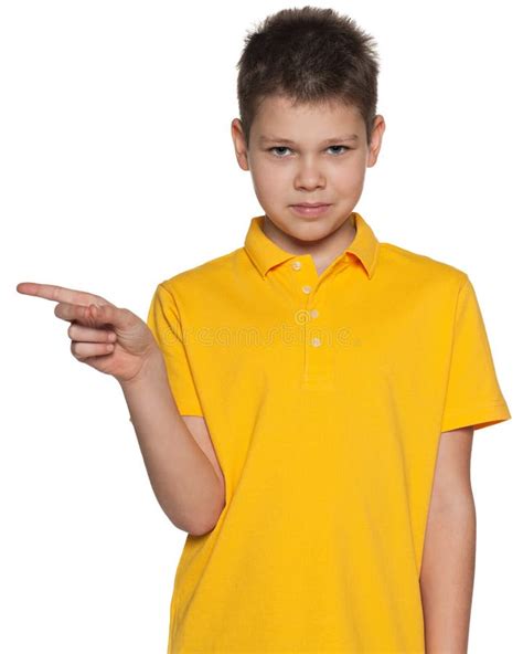 Young Boy Shows Her Finger To The Side Stock Photo Image Of Alone