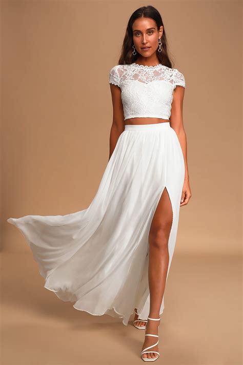 Lovely White Lace Dress Two Piece Dress Lace Maxi Dress Chiffon