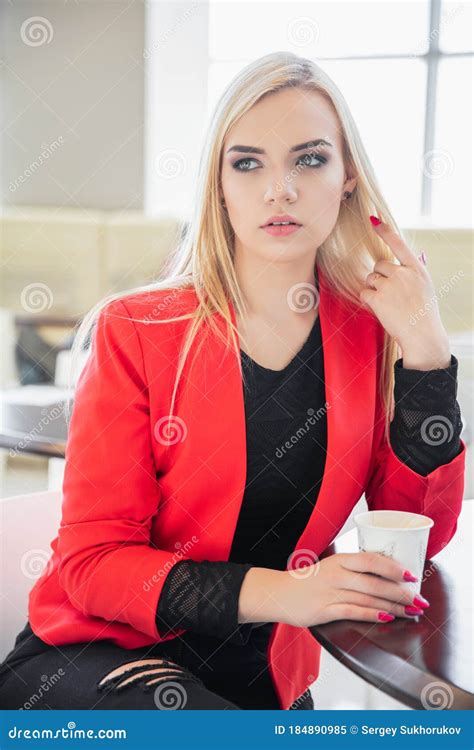 Pretty Young Blonde Posing In A Cafe Stock Image Image Of Lady Nice 184890985