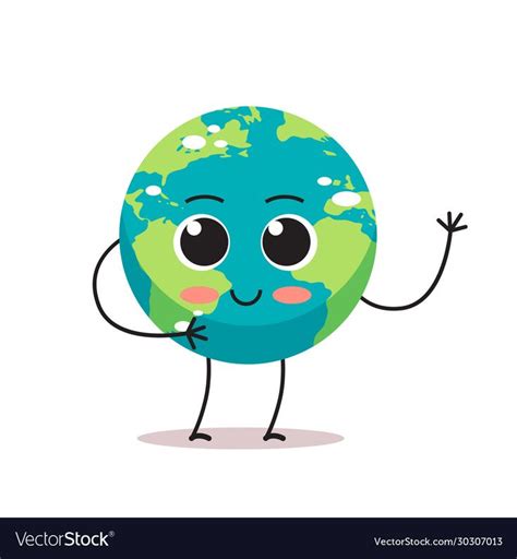Cute Earth Character Waving Hand Cartoon Mascot Globe Personage Save