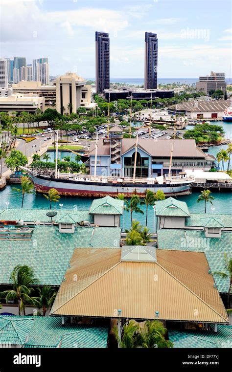 Aerial View Of Honolulu Skyline Hawaii Harbor Area Oahu Pacific Ocean