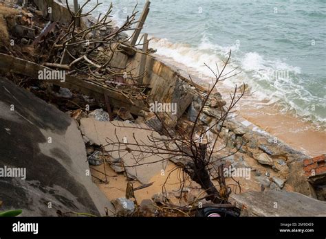 Broken Beach Access After Strong Storm And High Waves On Koh Samui Mae