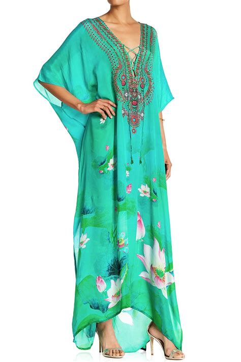 Floral Kaftan Dress In Green V Neck Kaftans In Long Beaded Kaftans