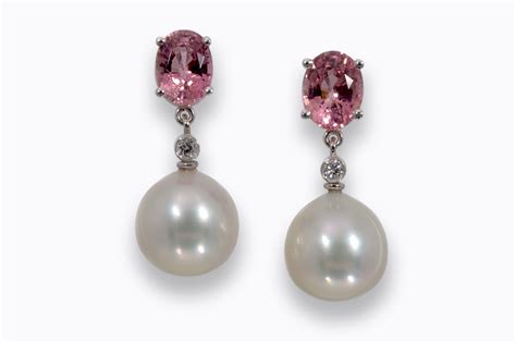 Silver Pink South Sea Pearl Earrings With Diamonds Tourmalines 18k