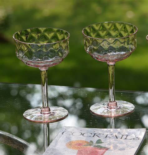 Vintage Pink Diamond Optic Champagne Coupe Cocktail Martini Glasses Set Of 4 Depression
