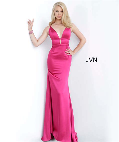 Jvn02044 Dress Jvn Magenta Plunging Neckline Open Back Prom Dress