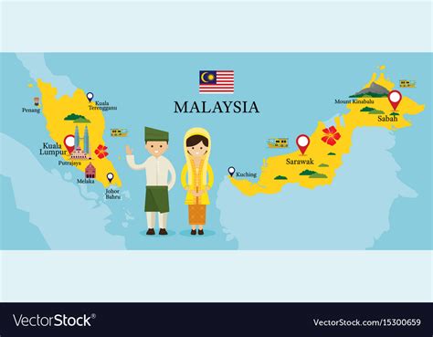 Malaysia Map And Landmarks With People In Vector Image