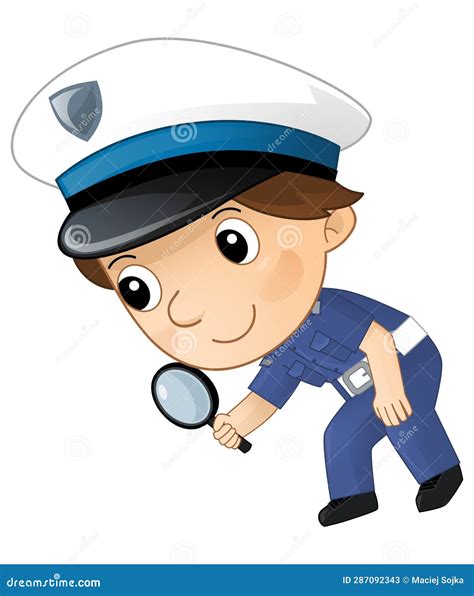 Cartoon Character Policeman Boy At Work Isolated Illustration For