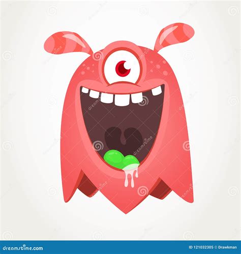 Cute Cartoon Monster With Horns And One Eye Smiling Monster Emotion With Big Mouth Stock Vector