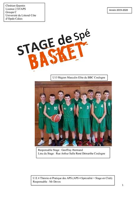 Spe Bb 2020 S1 Chr Que Dossier De Stage En Basketball Dans Le Cadre