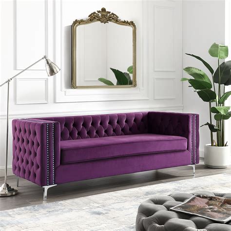 Inspired Home Sania Velvet Sofa 3 Seat Nailhead Trim Chrome Legs