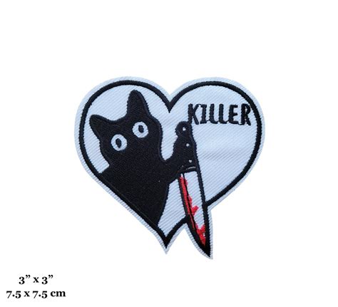 Black Cat With Knife Funny Killer Cat Meme Heart Embroidered Iron On