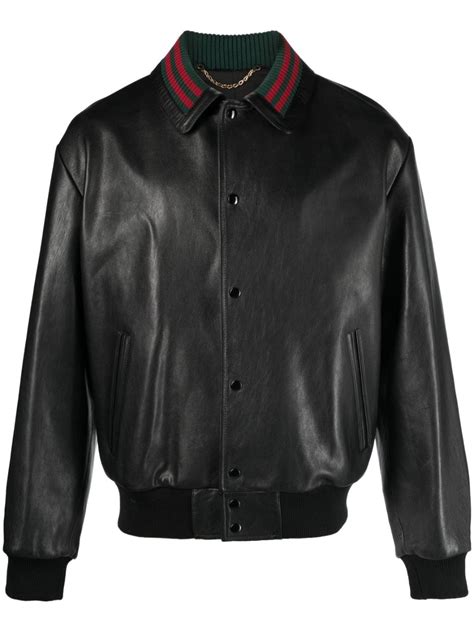 Gucci Web Collar Leather Bomber Jacket Farfetch