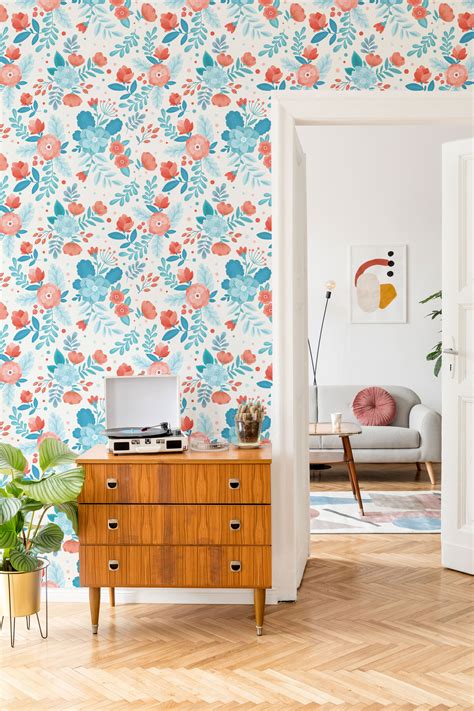 Blue and Orange Floral Peel and Stick Removable Wallpaper 9824 | Removable wallpaper, Accent ...
