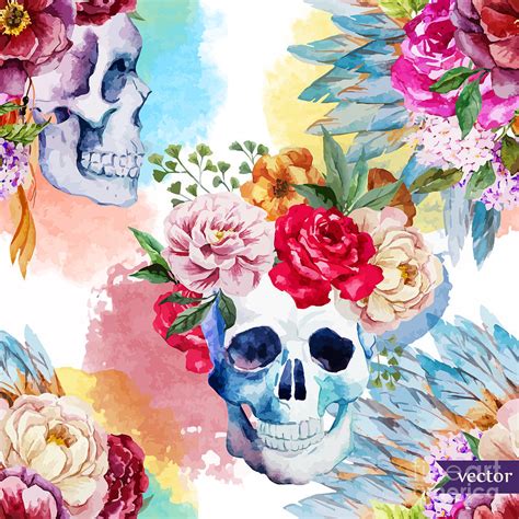 Watercolor Skull Flowers Indian Digital Art By Anastasia Lembrik