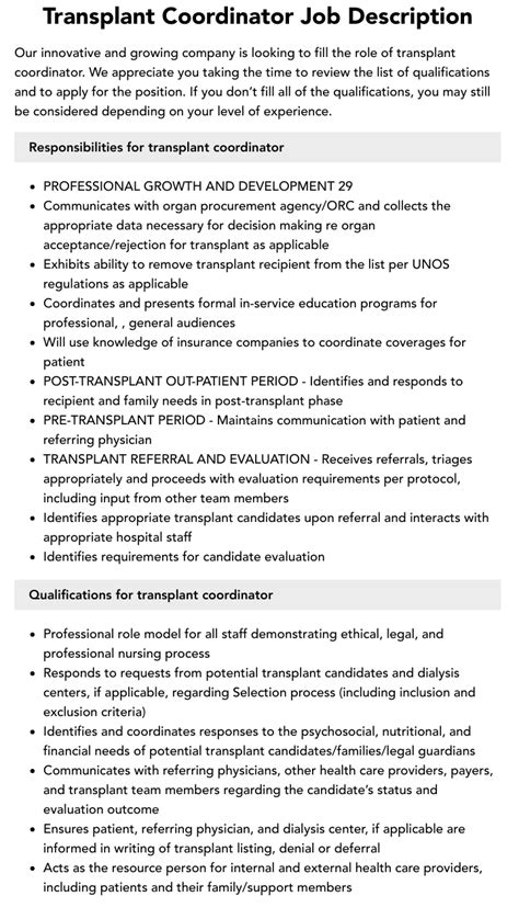 Transplant Coordinator Job Description Velvet Jobs