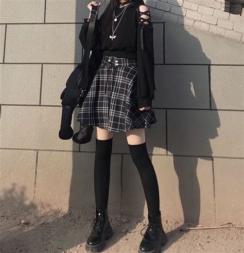 Nacarat Cold Shoulder Sweatshirt Plaid Mini A Line Skirt Yesstyle Grunge Skirt Outfit