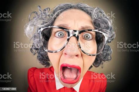 Funny Fisheye Nerdy Older Woman Appalled Stock Photo Download Image