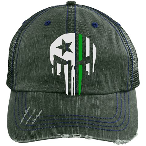 This image is printed in on premium 3m vinyl in 1440 resolution with solvent. Thin Green Line Military Punisher Skull Distressed Cap Hat