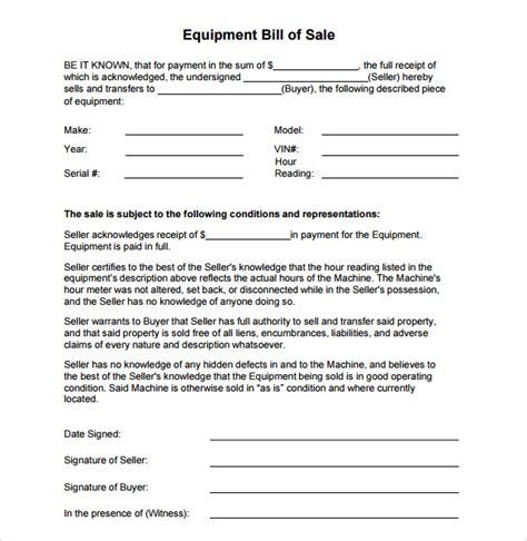 Printable Heavy Equipment Bill Of Sale Form Template