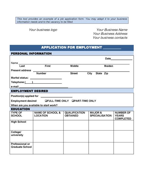 Employment Application Form Word