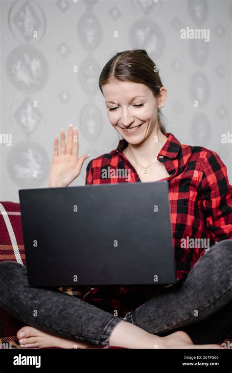 Happy Cute Girl School College Student Waving Hand On Video Conference