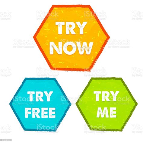 Try Now Try Free Try Me In Grunge Hexagons Labels Stock Illustration