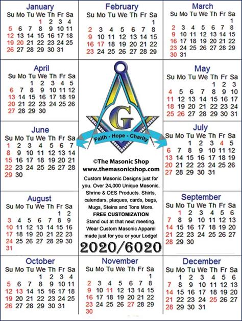 2020 6020 Free Printable Masonic Calendar From The Masonic Shop