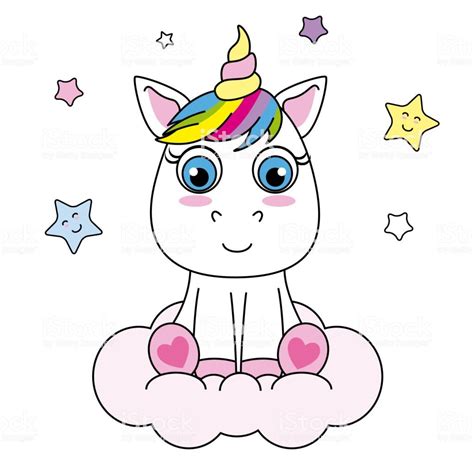 Cute Cartoon Unicorn Sitting On A Cloud Ilustración De Unicornio