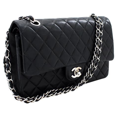 Chanel Silver 255 Double Chain Flap Shoulder Bag Black Quilted Leather